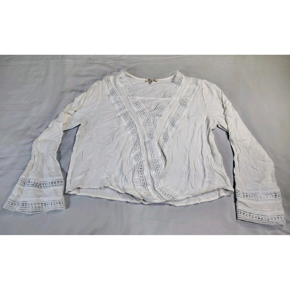 Bleuh Ciel Crochet Lace Faux Wrap Cropped Bell Sleeve Blouse Sz M Festival